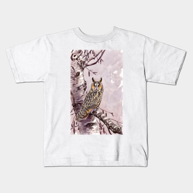 Long-eared Owl Kids T-Shirt by kokayart